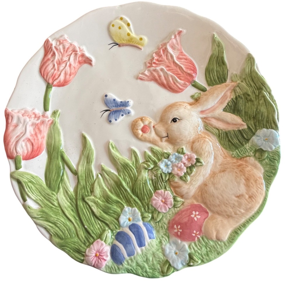 Easter Bunny Ceramic Decorative‎ Plate 3D Tulips Butterflies Spring Decor Pastel